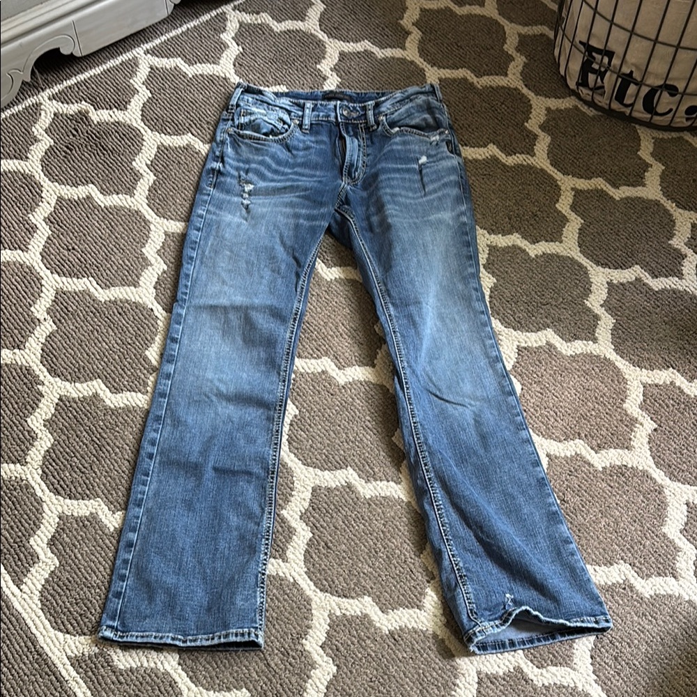 Men’s Silver “Jace” Jeans Blue Bootcut Medium Distressed Denim, EUC